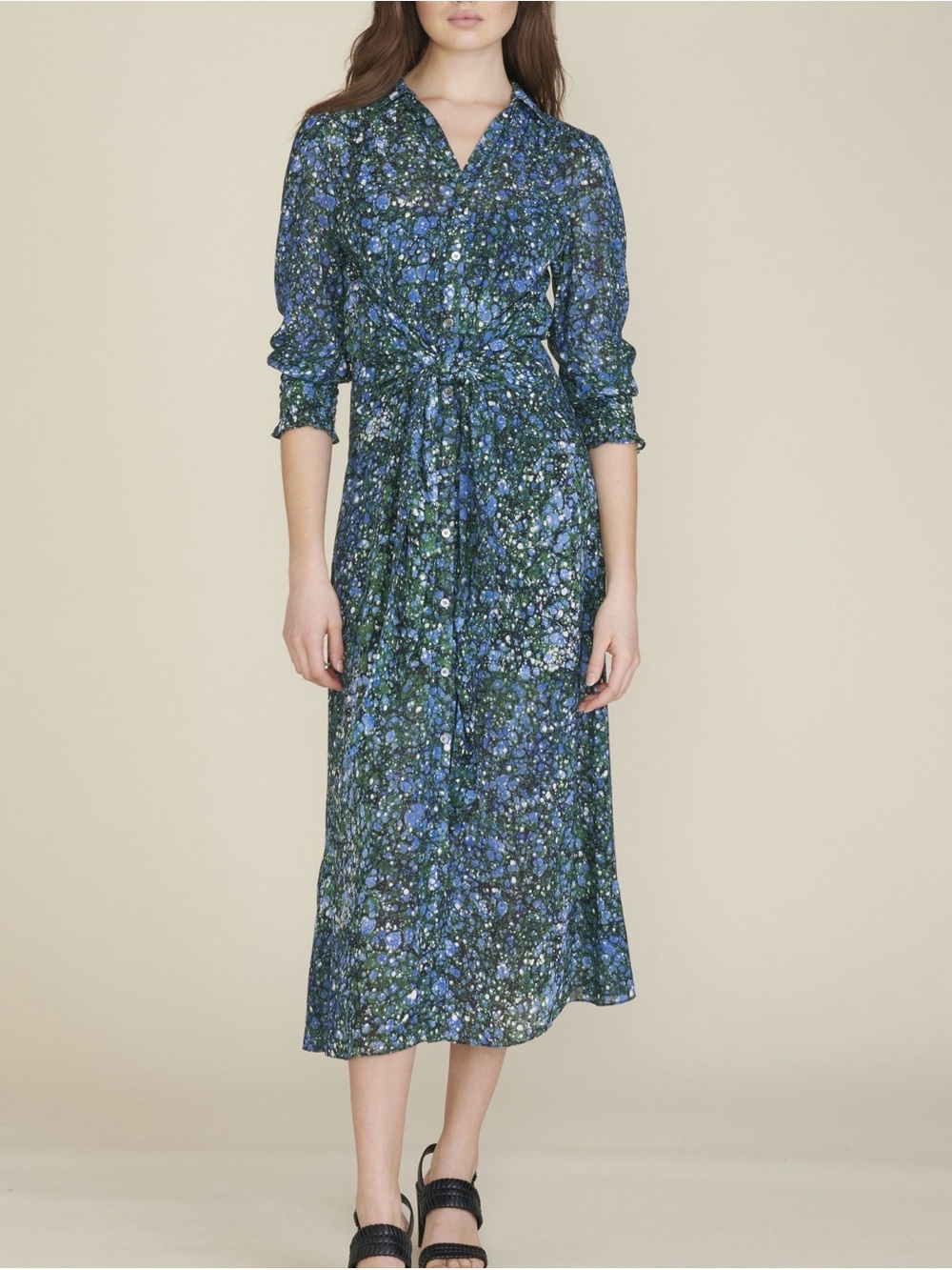 Veronica Beard Blue and Green Floral Tie-Waist Midi Dress